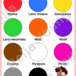 Samoan Colors poster. Has the colors red, blue, yellow, green, orange, purple, brown, white, pink, grey and black each accompanied with their Samoan names